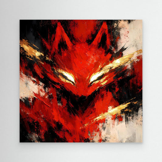 Abstraktes Leinwand-Wandbild, rotes Fuchsmotiv mit leuchtenden Augen und Goldspritzern.