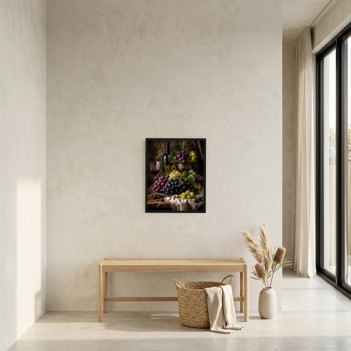 Gerahmtes Poster im Hochformat mit Weinflasche, Weinglas und Weintrauben als Stillleben