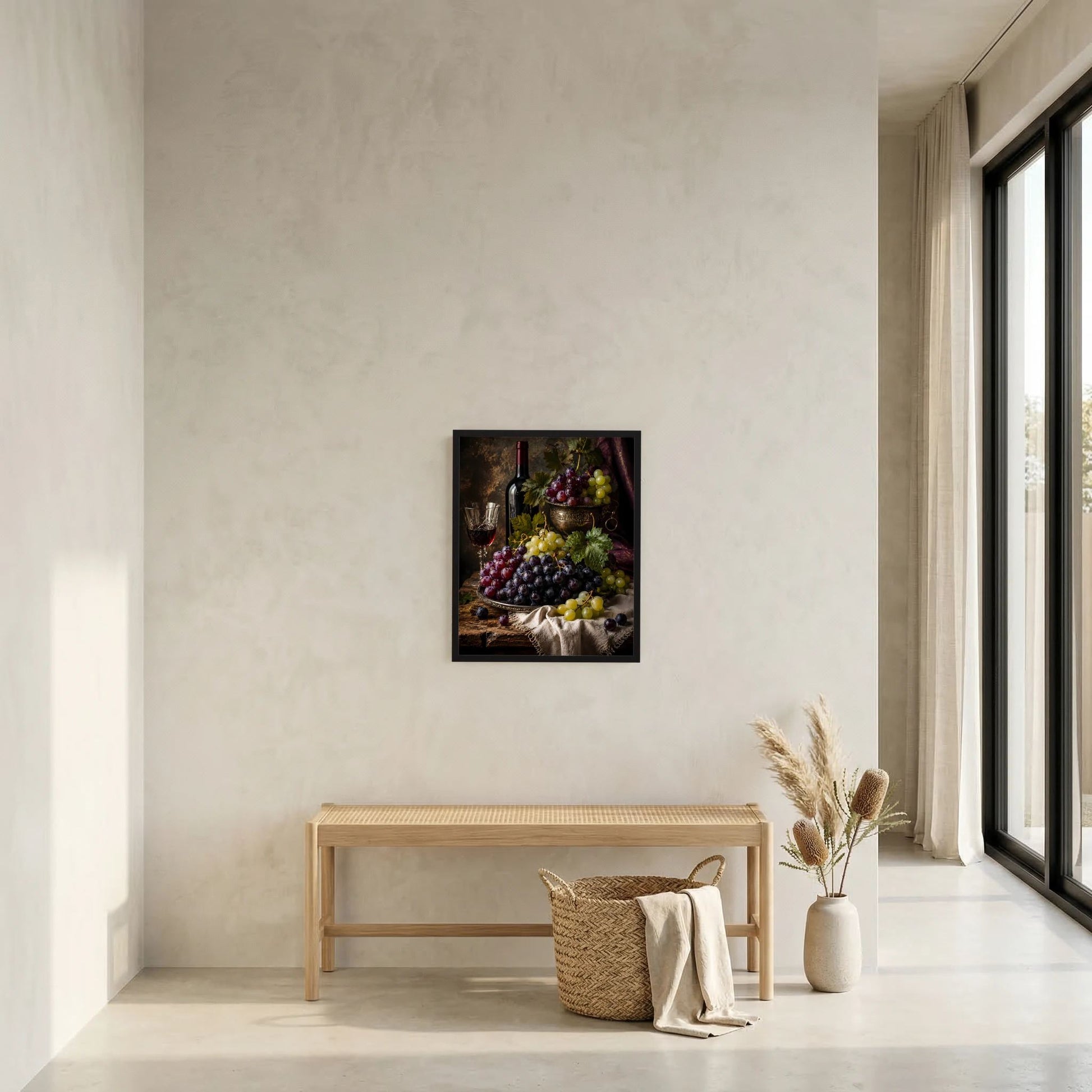 Gerahmtes Poster im Hochformat mit Weinflasche, Weinglas und Weintrauben als Stillleben