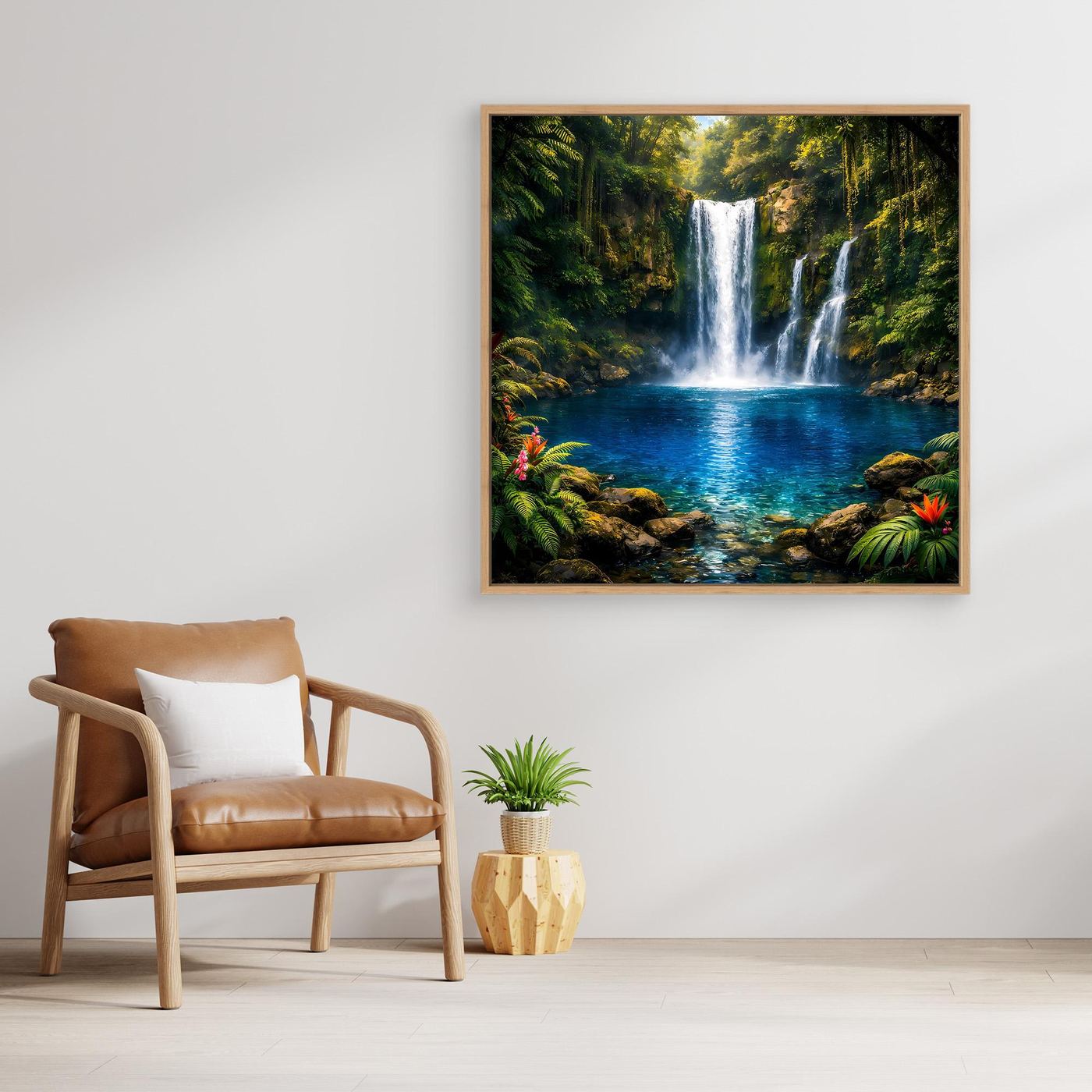 Leinwandbild mit Wasserfall und blauem Pool im Dschungel im hellen Holzrahmen