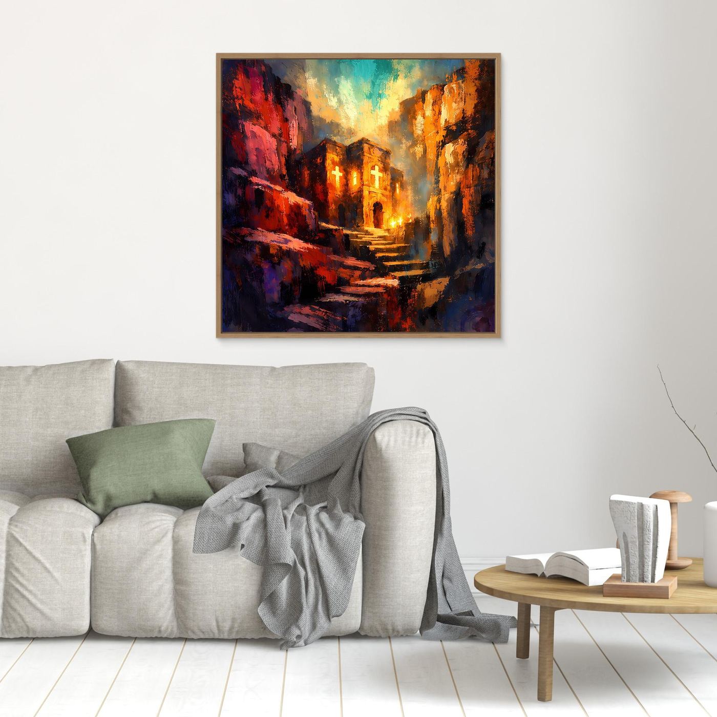 Kleines Leinwand-Wandbild mit Felsenkloster und leuchtenden Kreuzen, goldbraun gerahmt