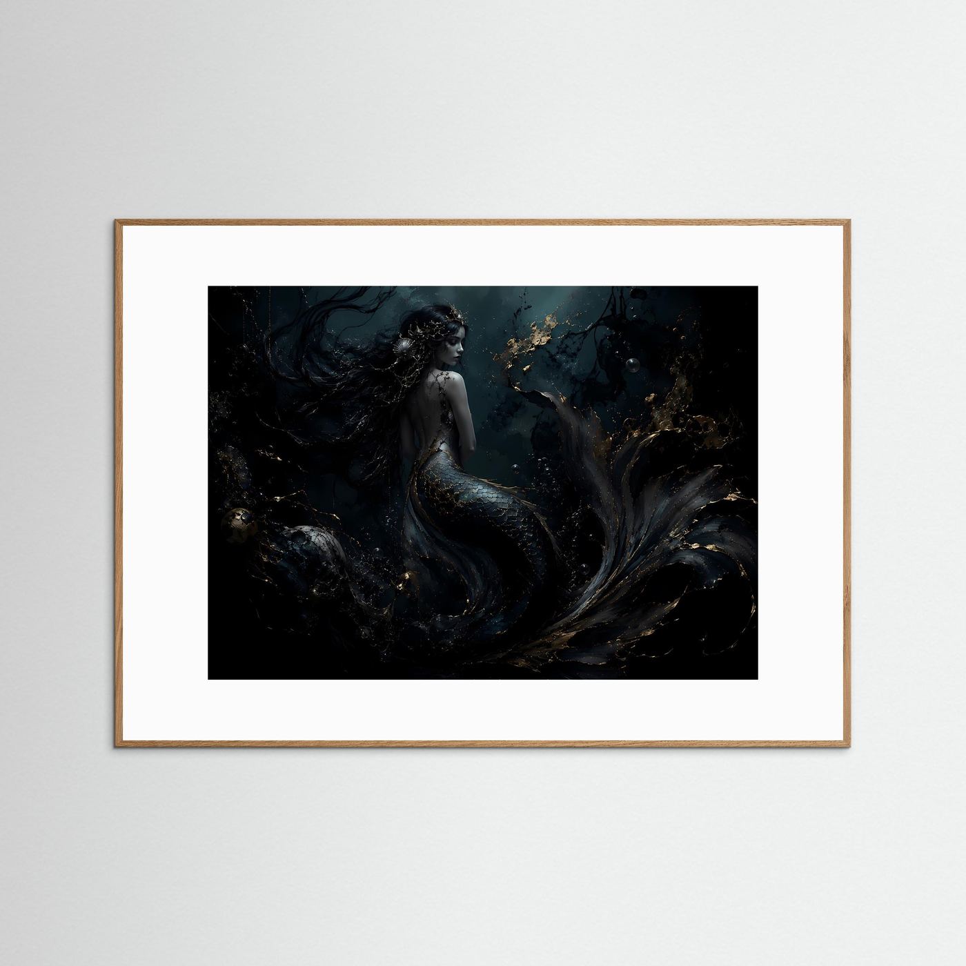 Meerjungfrau Poster | Mystische Unterwasser Kunst | Dunkle Fantasy Wanddeko | Gold Schwarz Leinwandbild | Elegante Meereskunst