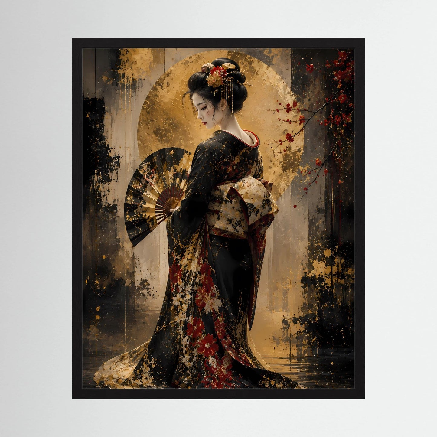 Poster im Hochformat: Geisha-Frau im schwarzen Kimono mit goldenen Mustern und Blumen