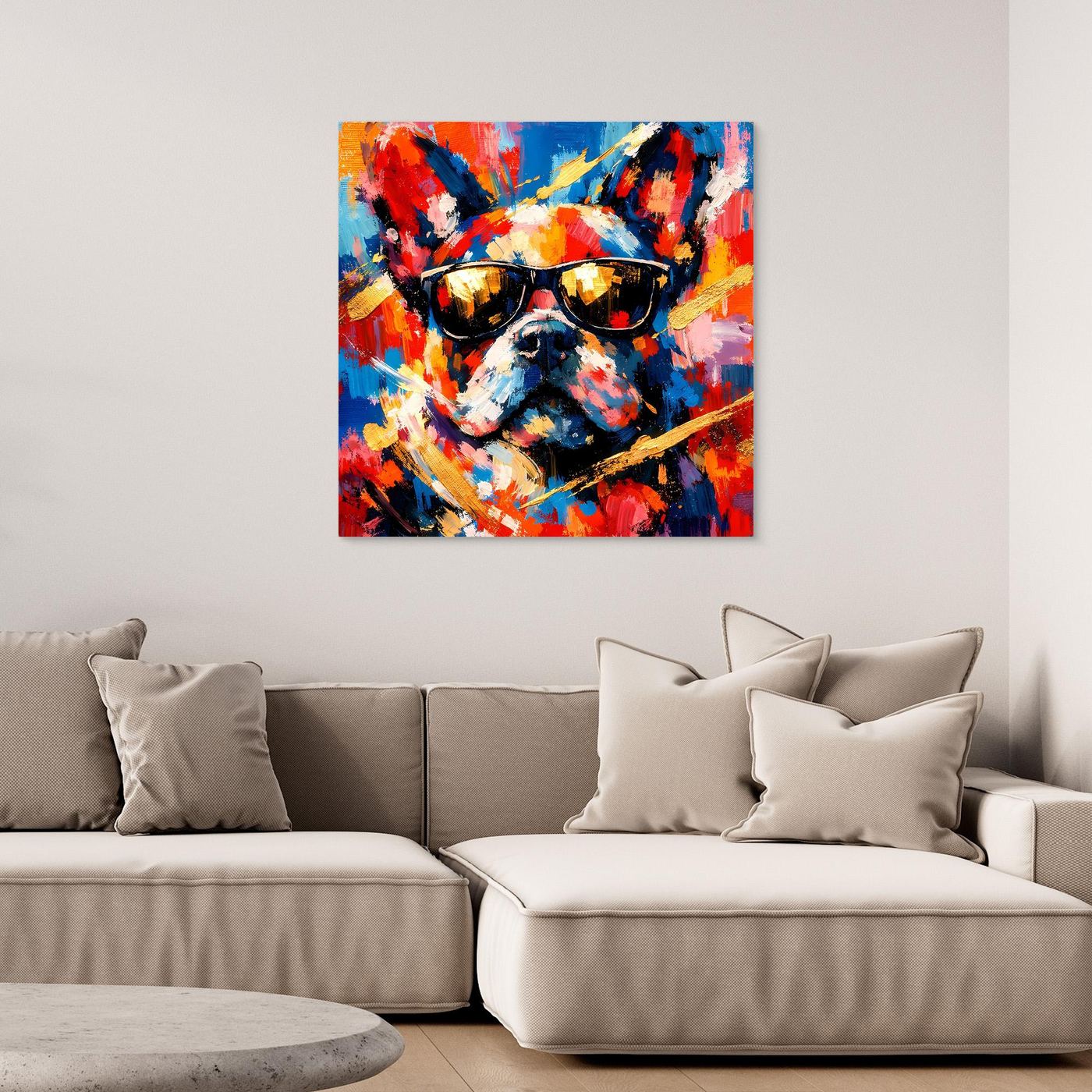 Leinwandbild mit abstrakter Französischer Bulldogge und Sonnenbrille, blau-rot bunt