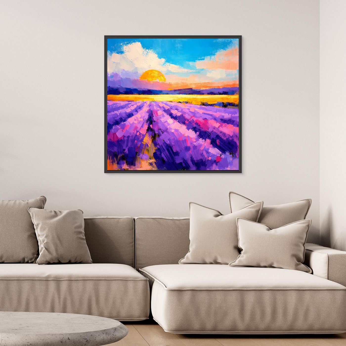 Abstraktes Leinwand-Wandbild mit Lavendelfeld und Sonnenuntergang, mit dunklem Rahmen
