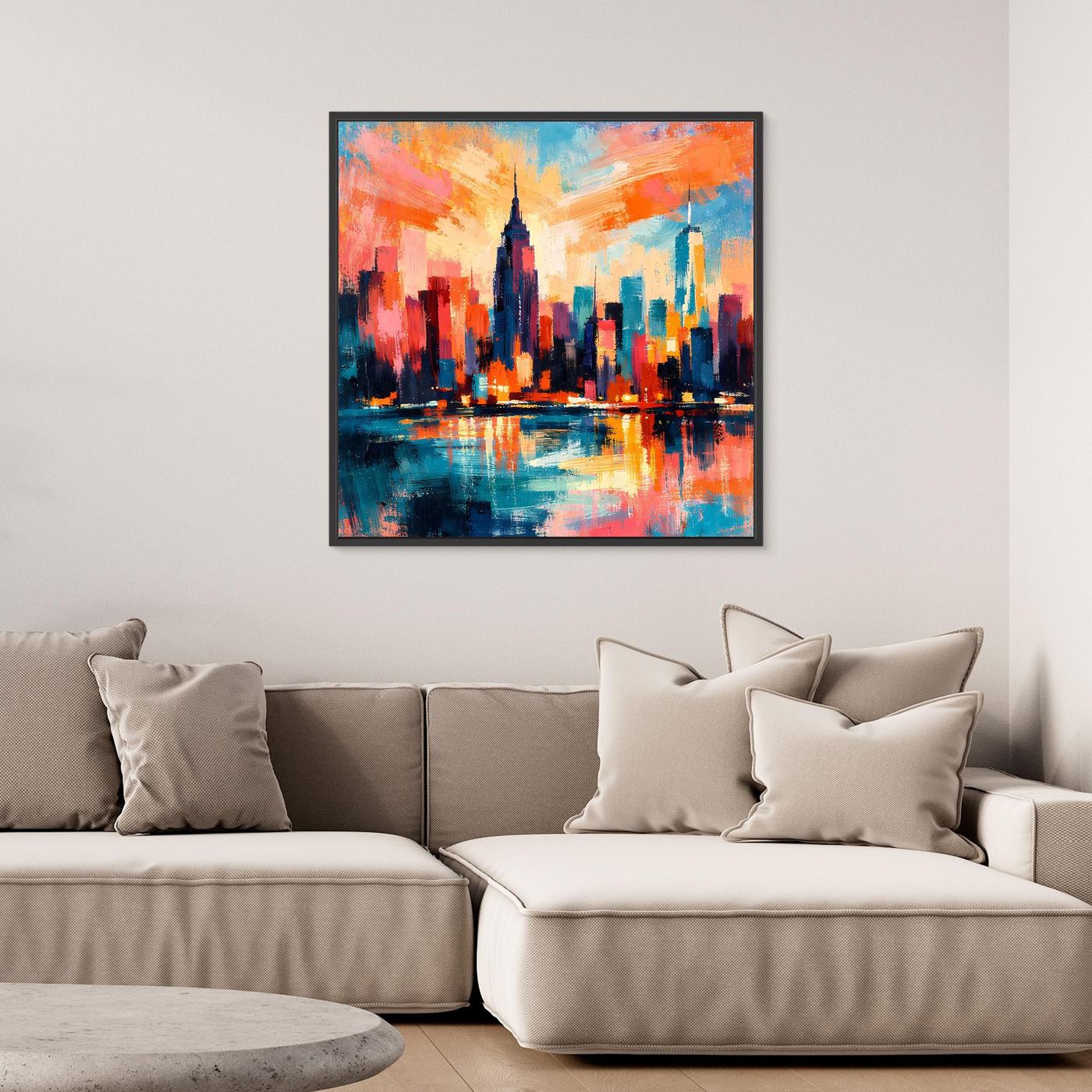 Abstraktes Leinwand-Wandbild mit schwarzem Rahmen: farbige Skyline mit Wasserreflexion