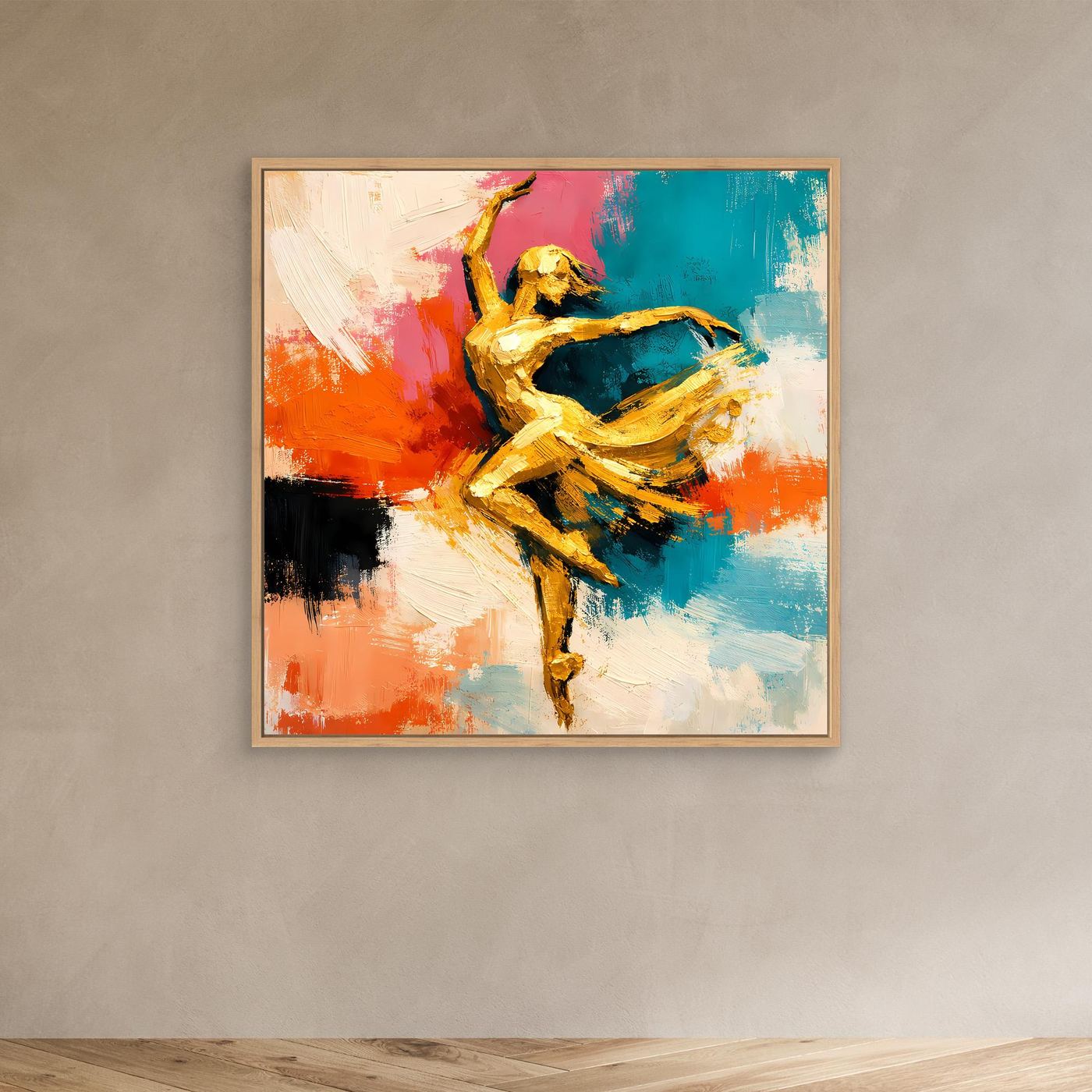 Leinwand Elegante Goldene Tänzerin im Flug | Abstraktes Ballett & Modern Art Wandbild