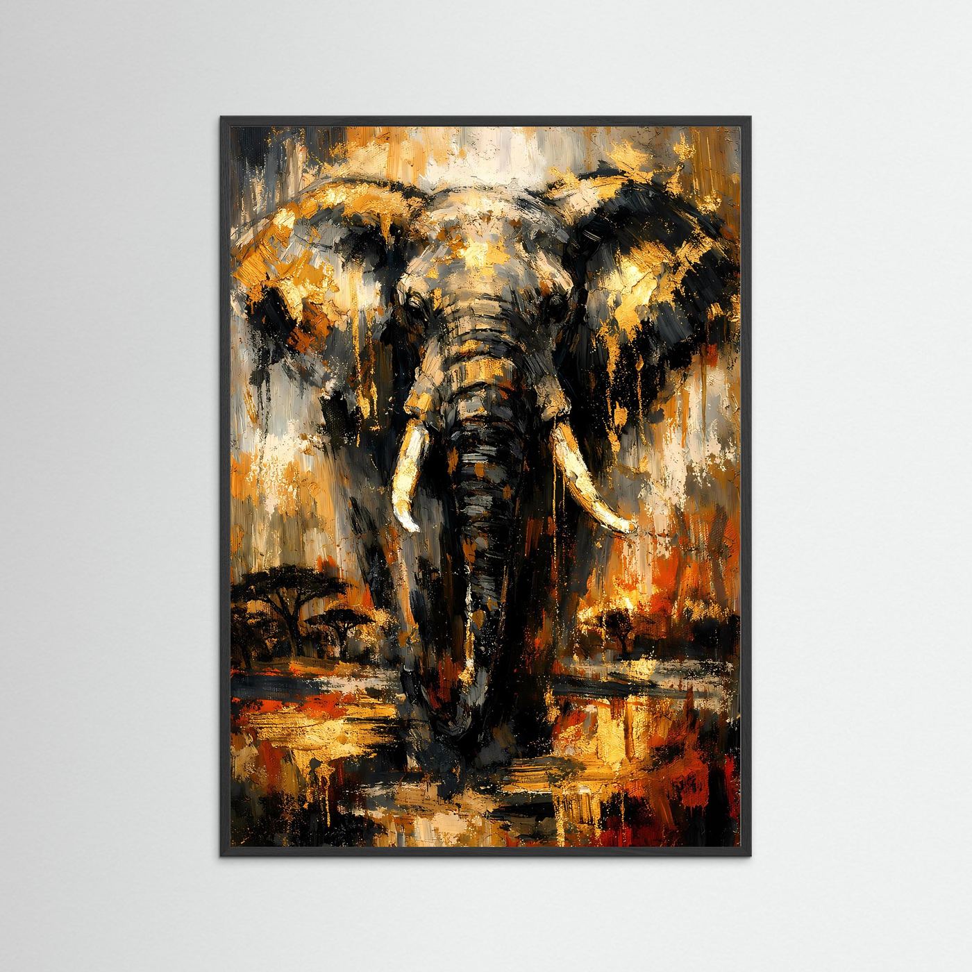 Elefanten-Poster in Schwarz-Gold mit abstrakter Tiergrafik, mit dunklem Rahmen