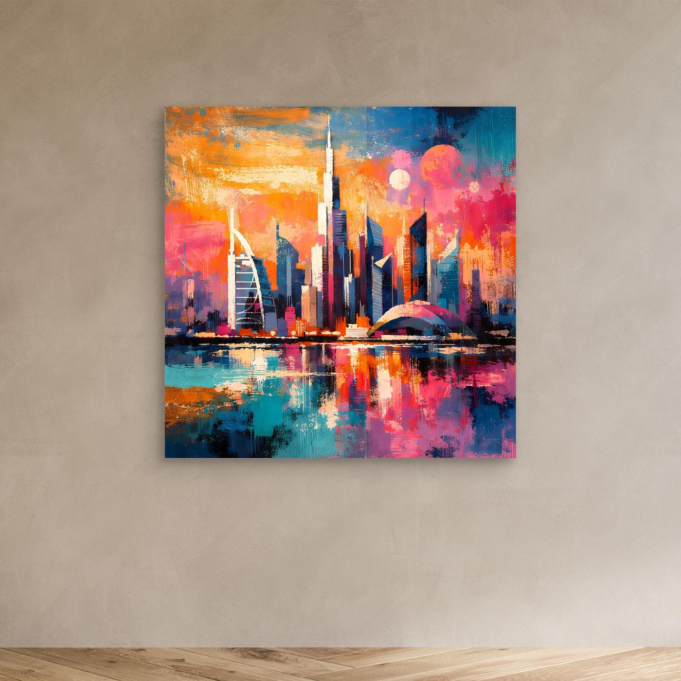 Abstraktes Leinwand-Wandbild: bunte Dubai-Skyline bei Nacht mit Wasserreflexion