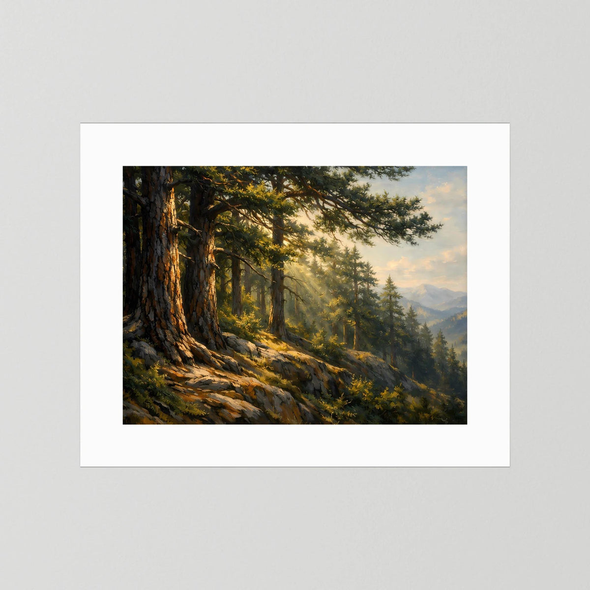 Wandbild im Querformat mit Wald- und Bergmotiv, weißes Passepartout
