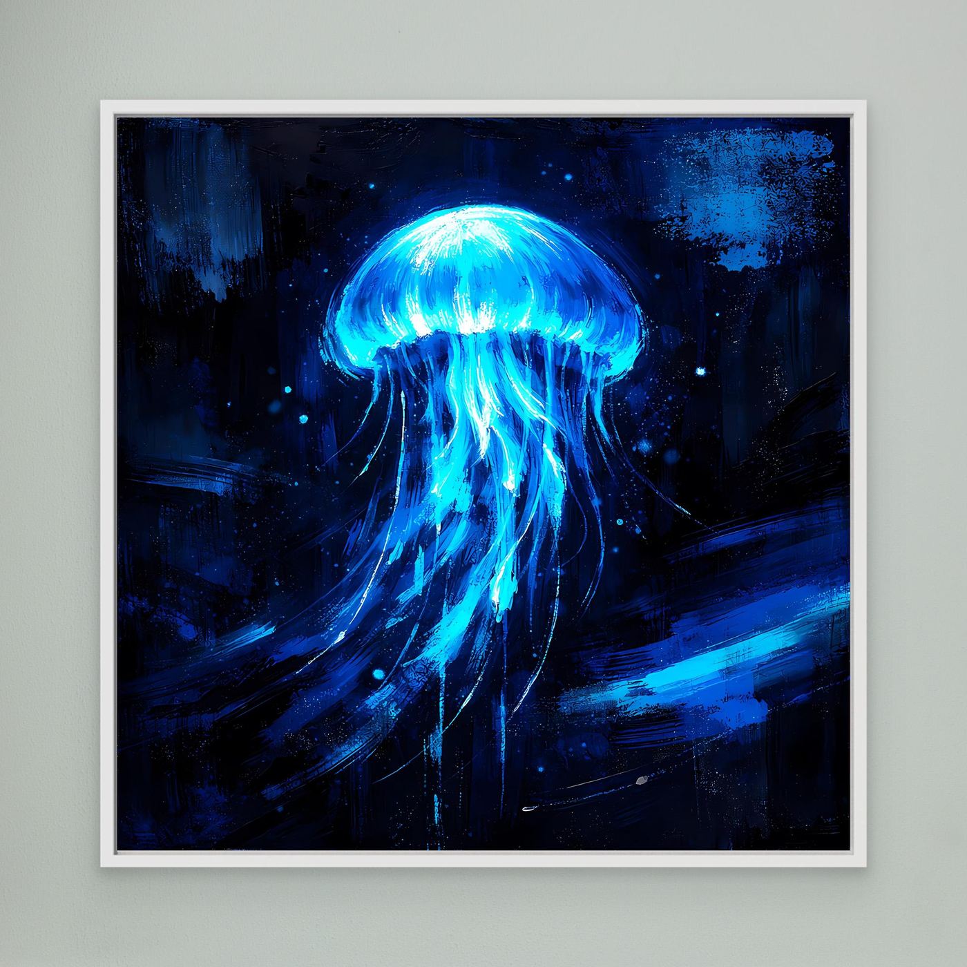 Leinwand Leuchtende Qualle im Tiefsee-Ozean | Abstraktes Biolumineszenz Wandbild