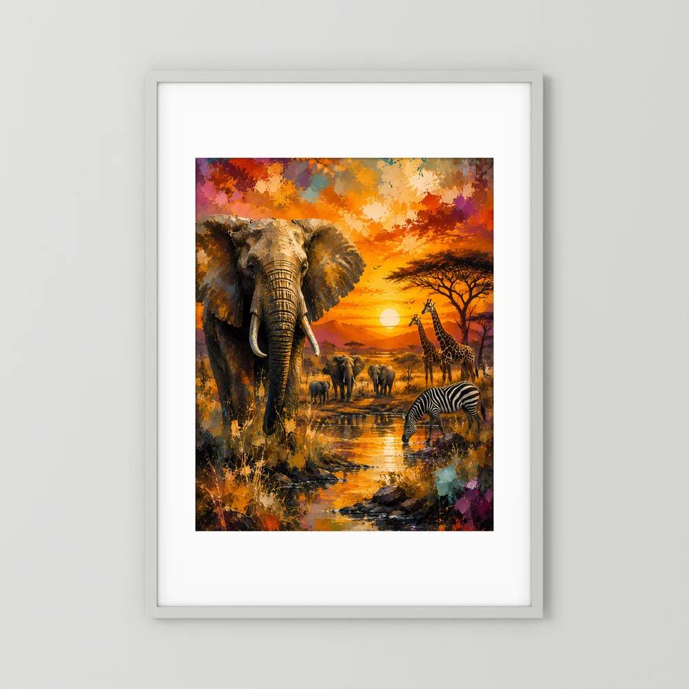 Poster im Hochformat mit weißem Rahmen: Elefant, Zebras und Sonnenuntergangslandschaft