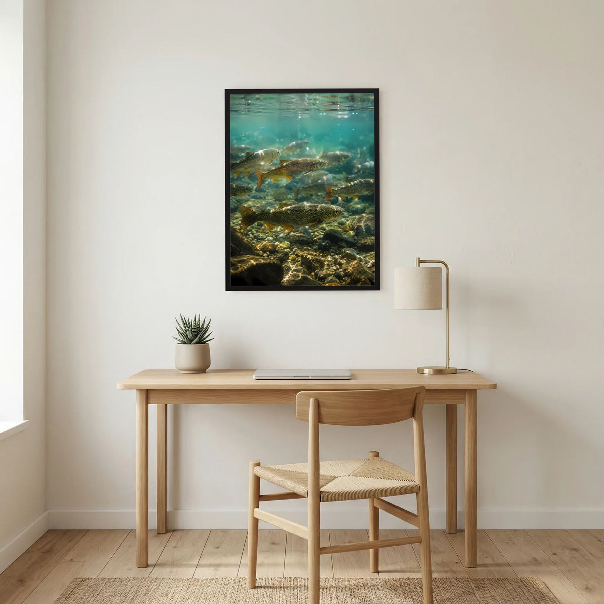 Wandposter im Hochformat mit Forellen im klaren Wasser und sichtbaren Flusssteinen