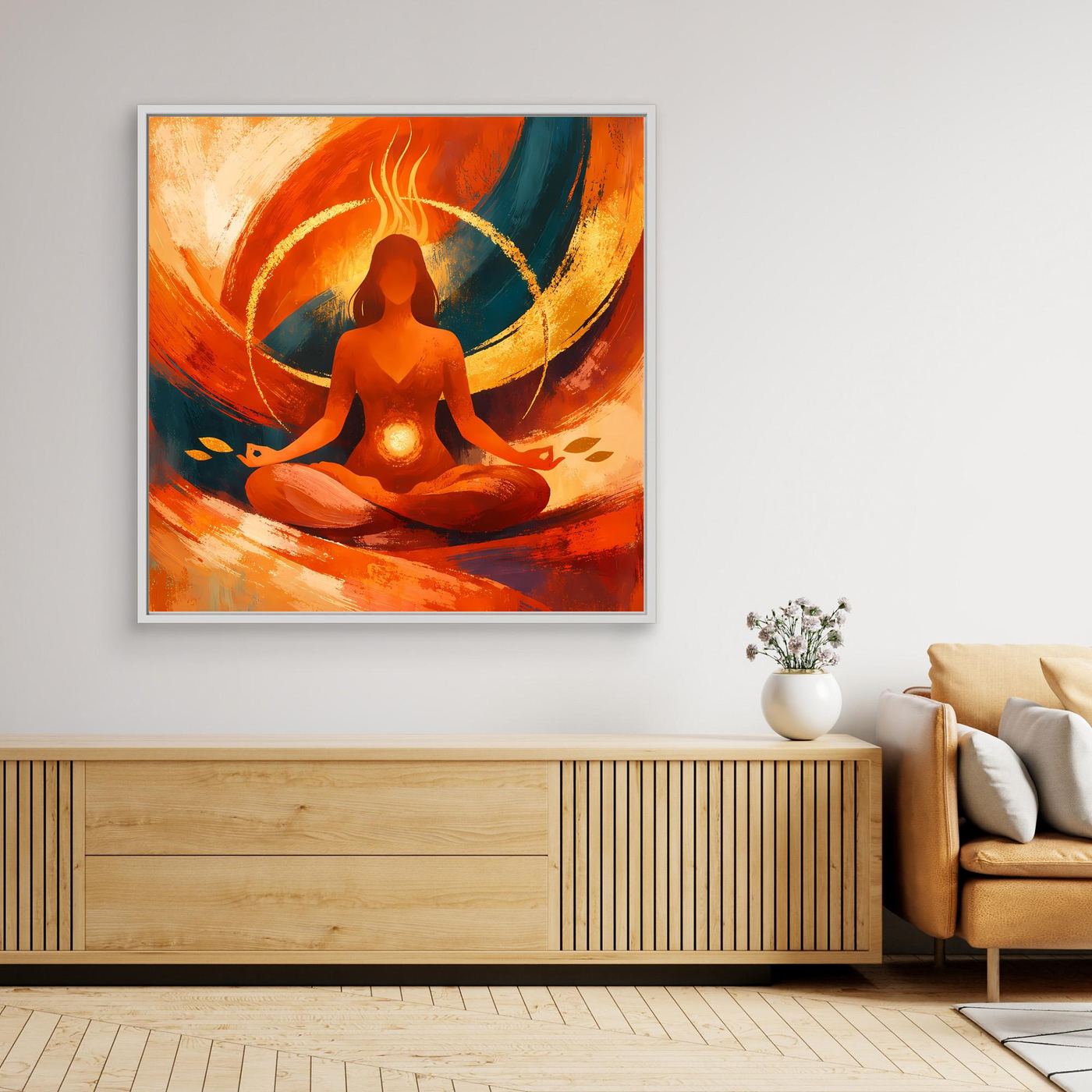 Gerahmtes Leinwandbild: Meditationssilhouette, abstraktes Orange, rundes Flammen-Motiv