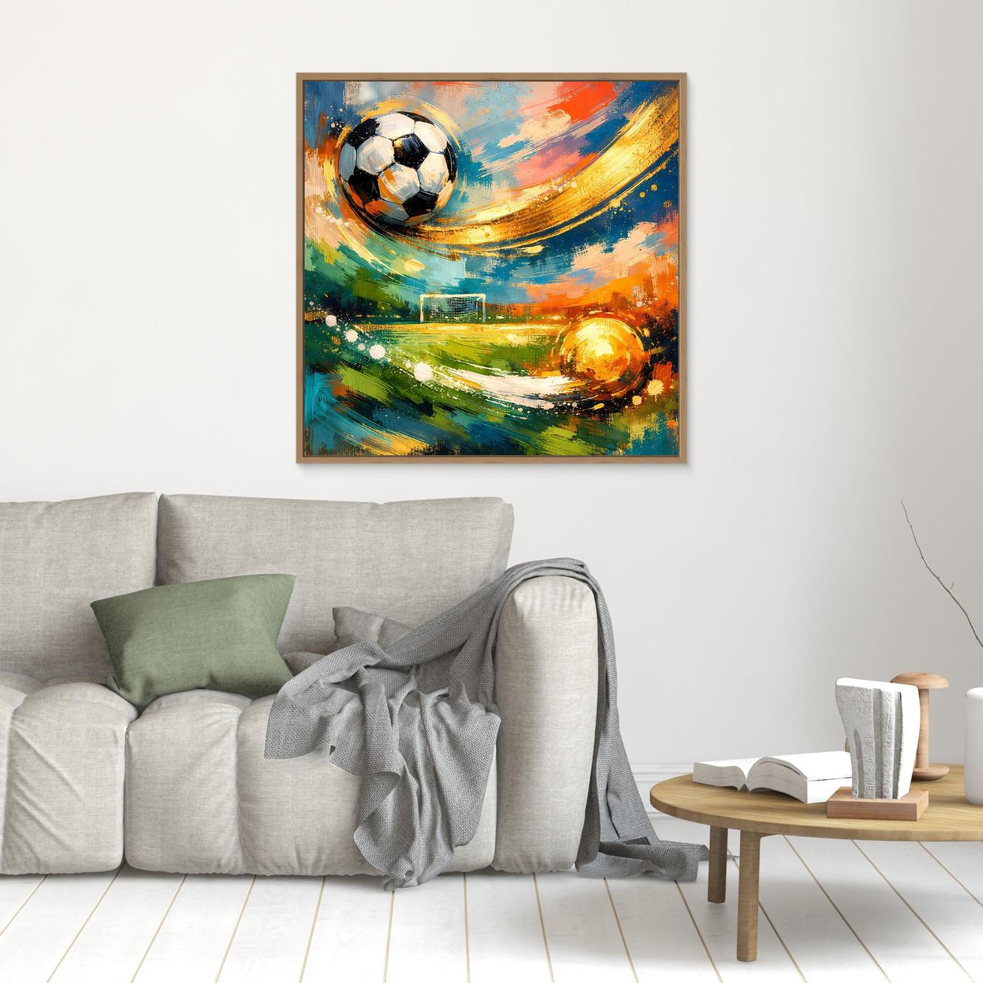 Abstraktes Leinwandbild mit Fußball und goldener Flugspur, Rahmen in hellem Holzton
