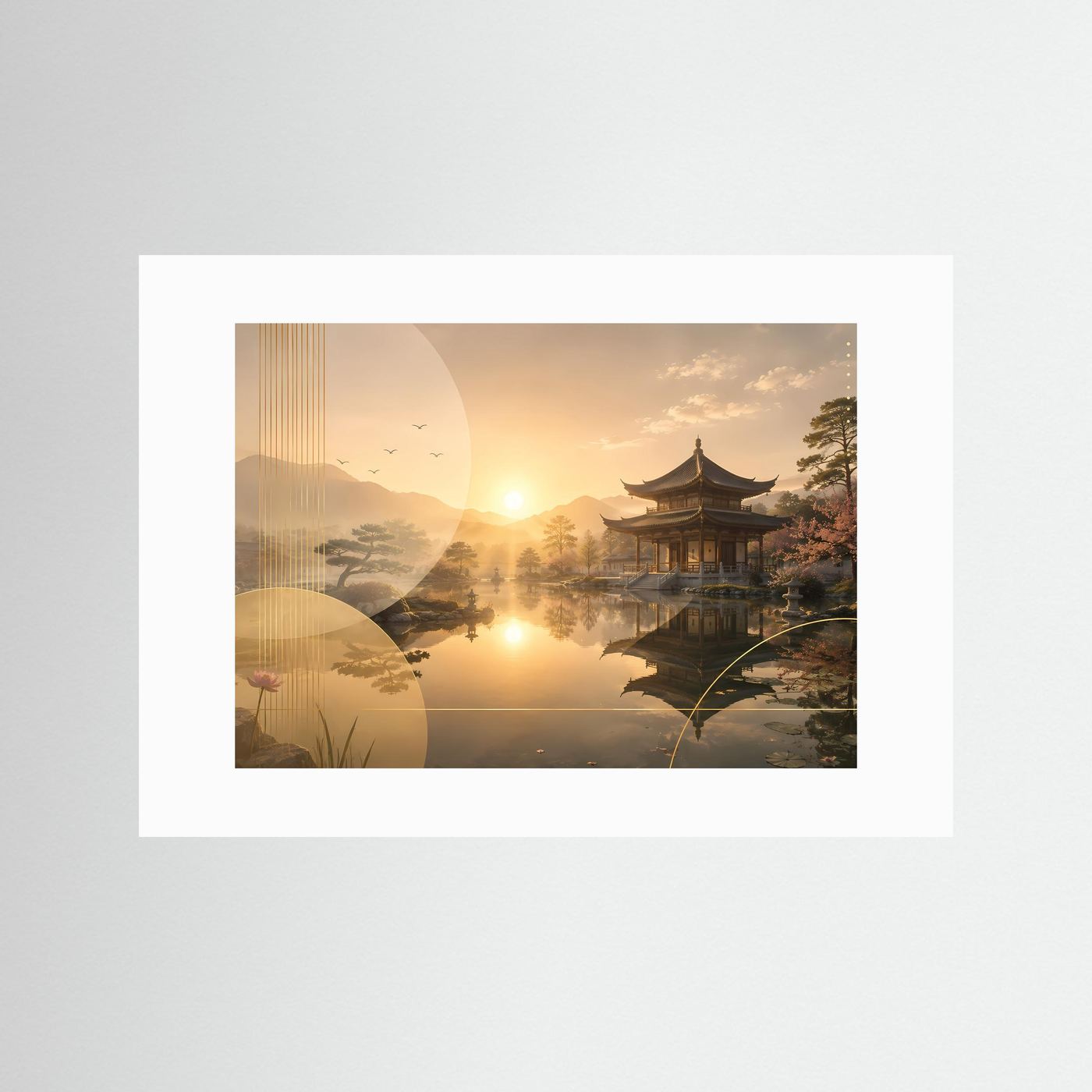 Wandkunst mit weißem Passepartout: Tempelpavillon am See bei goldenem Sonnenuntergang