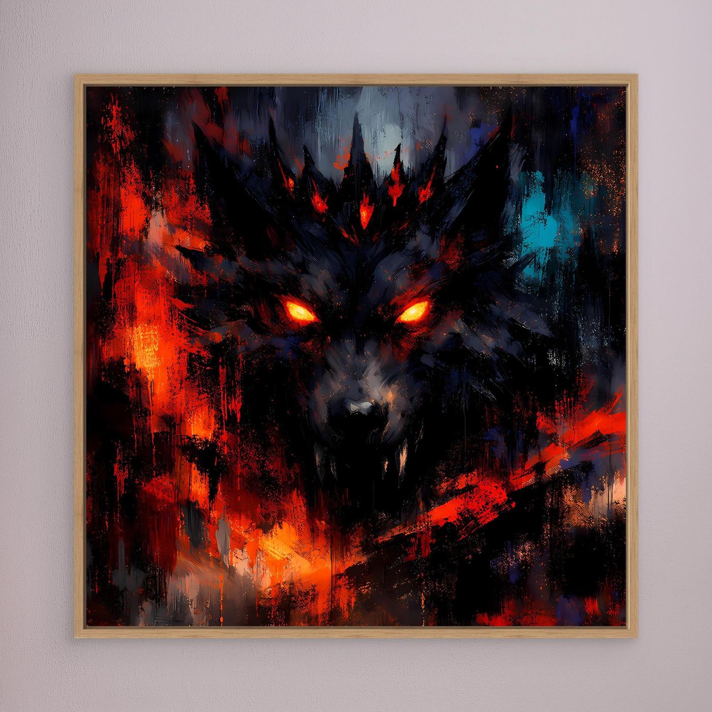 Abstraktes Wolf-Leinwandbild mit leuchtenden Augen, Rot- und Blauakzenten, Eichenrahmen