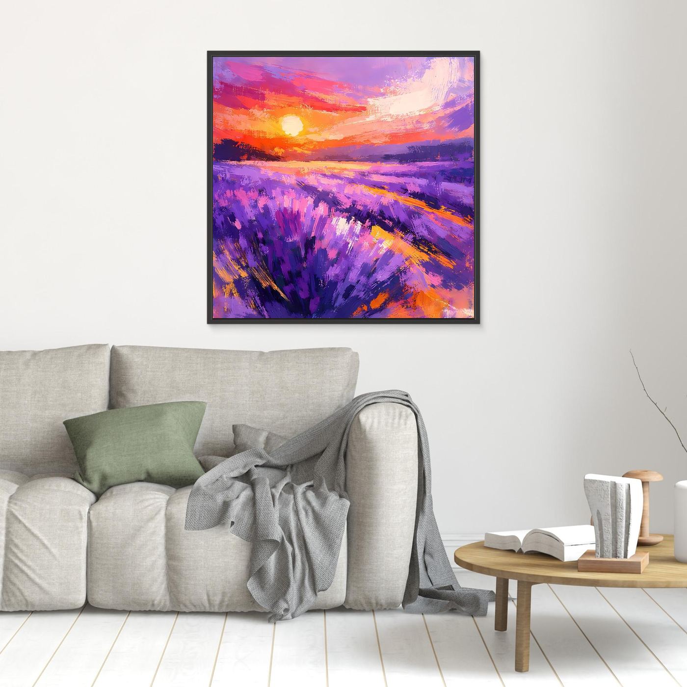 Lavender field wall art with purple blossoms and orange-pink sunset, small black frame.
