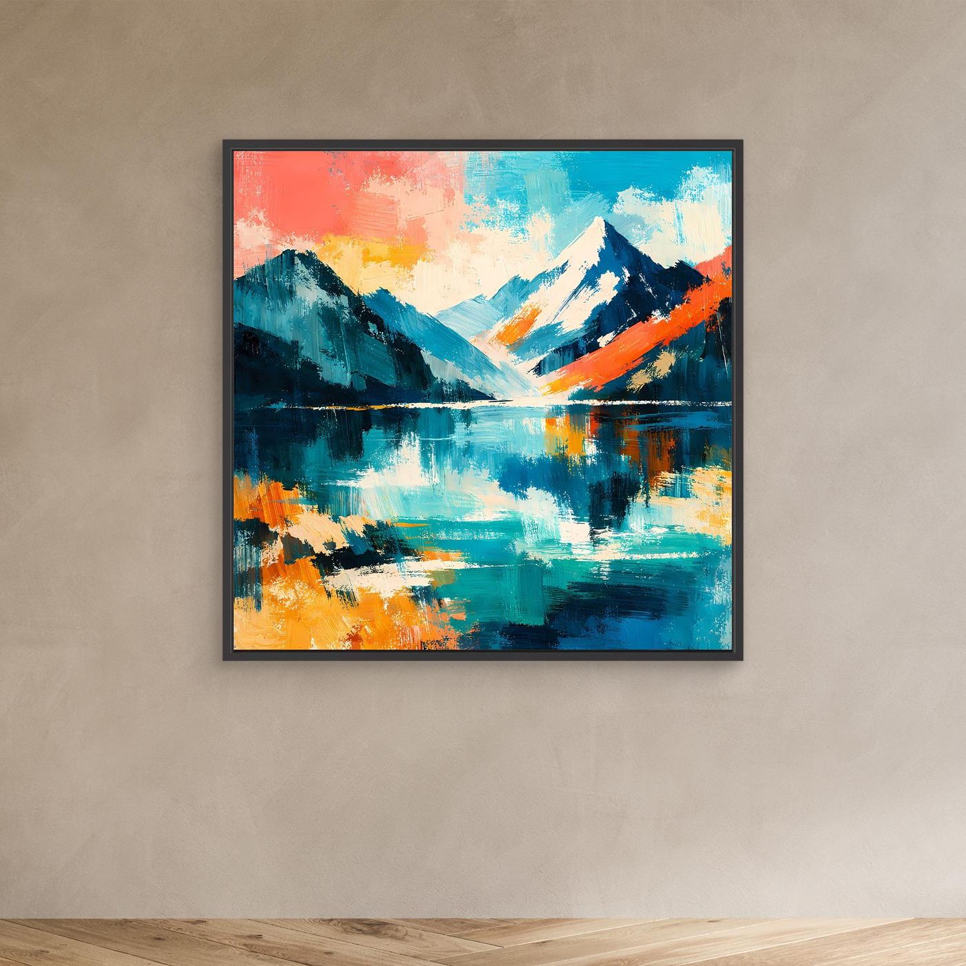 Leinwand-Wandbild mit schwarzem Rahmen, abstrakte Bergwelt am See mit türkisfarbener Spiegelung