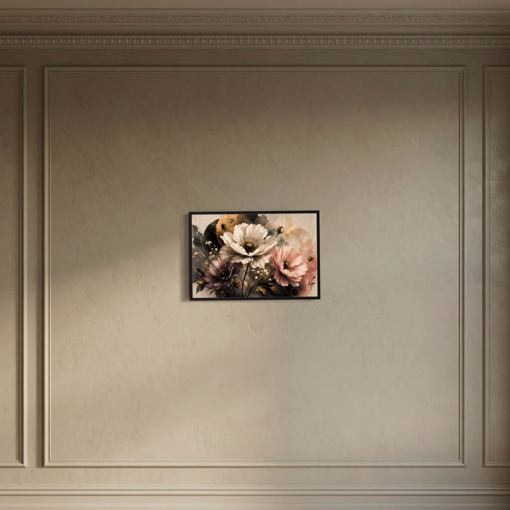 Wandposter im Querformat mit Mohnblumen in Creme, Rosa und Violett, dunkler Rahmen