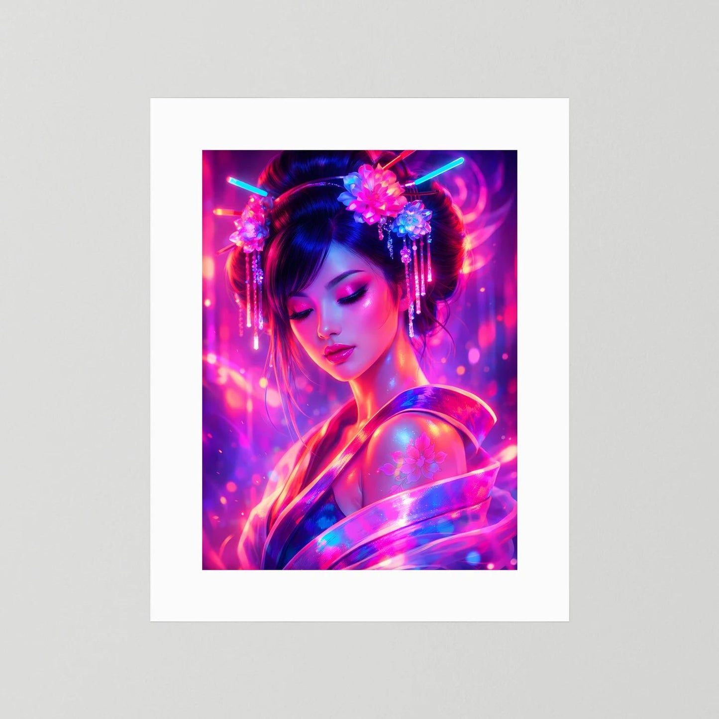 Neon-Poster mit japanischer Frau, weißer Rand, pink-blau leuchtendes Portrait im Hochformat