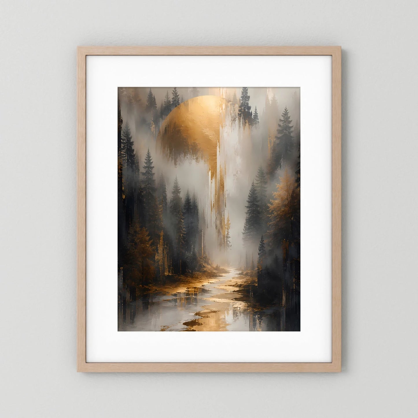 Hochformat-Poster im hellen Holzrahmen, Waldlandschaft mit goldenem Licht und Wasserweg