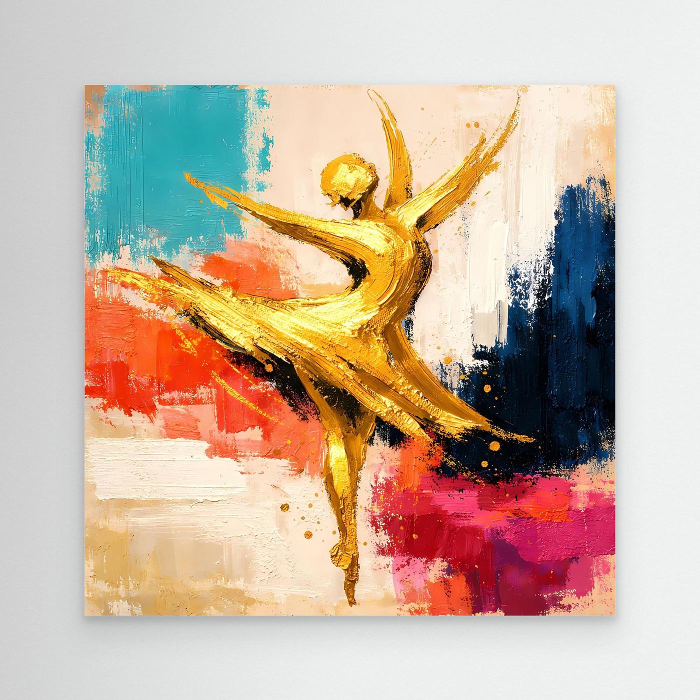 Abstrakte Leinwand mit goldener Tanzfigur, türkis, rot, blau und beige, ohne Rahmen