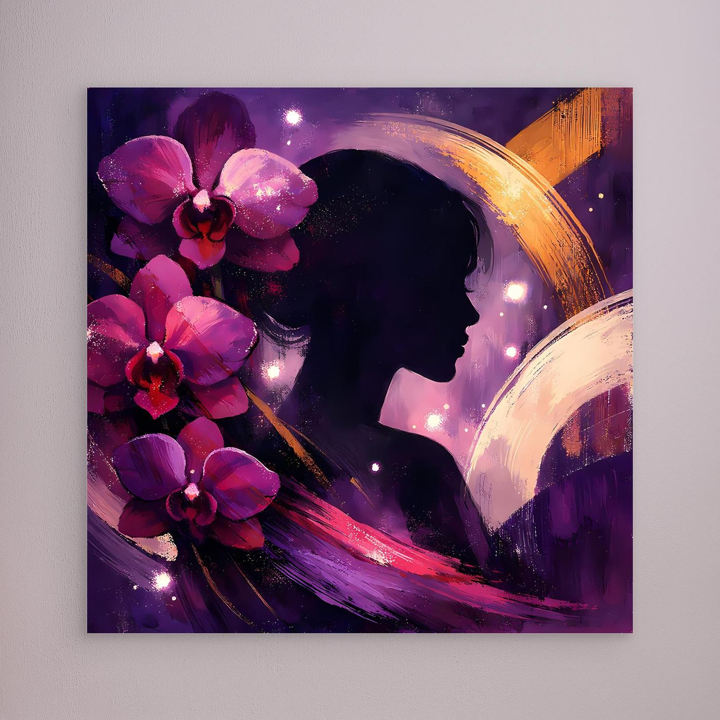 Abstraktes Leinwandbild mit Frauensilhouette und Blumen, ohne erkennbare Rahmung