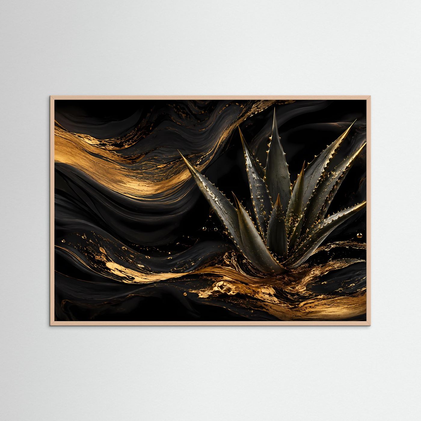 Querformat-Poster mit abstrakter Aloe in Schwarz und Gold, brauner Holzrahmen