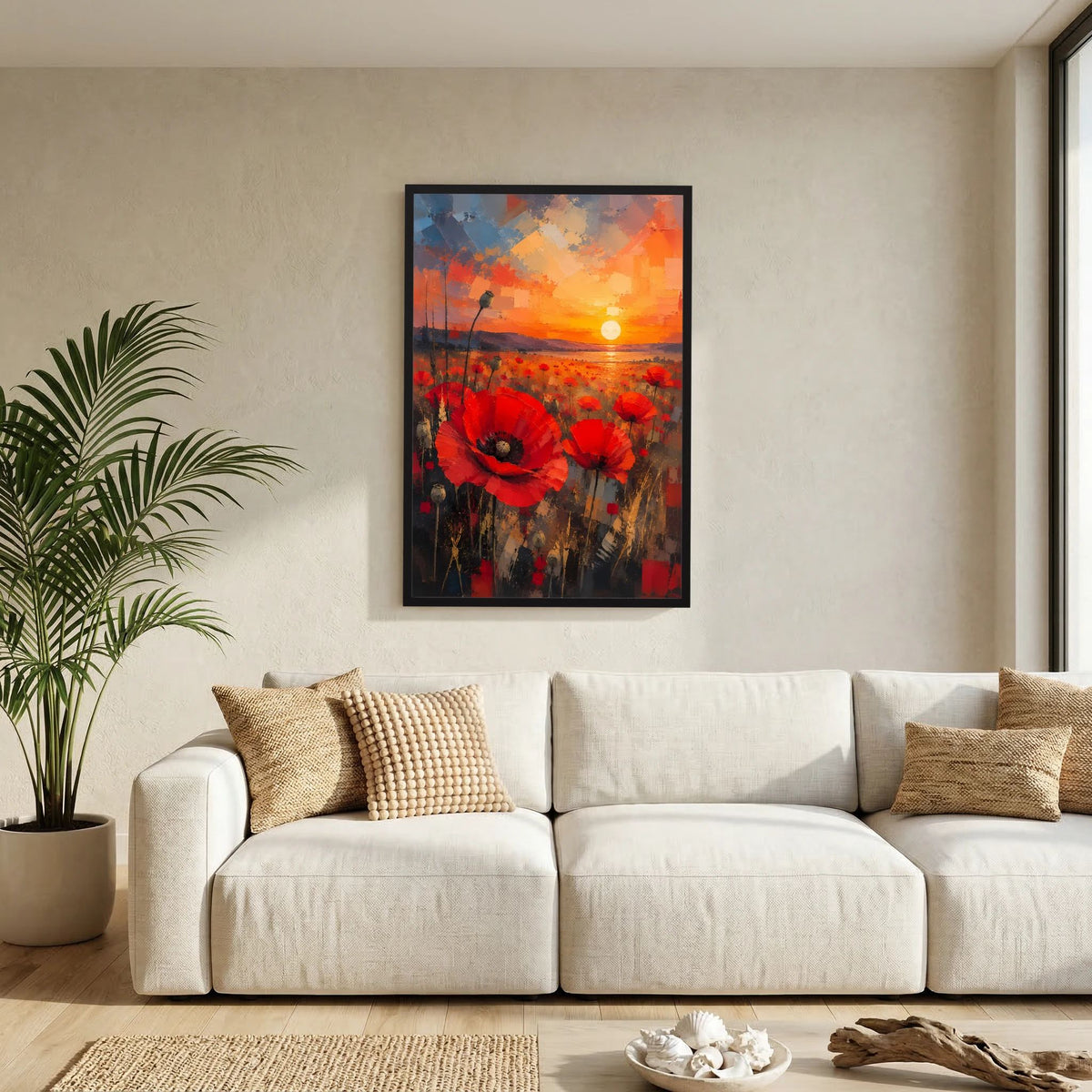 Hochformat-Poster mit roten Mohnblüten vor orangefarbenem Sonnenuntergang, schwarzer Rahmen