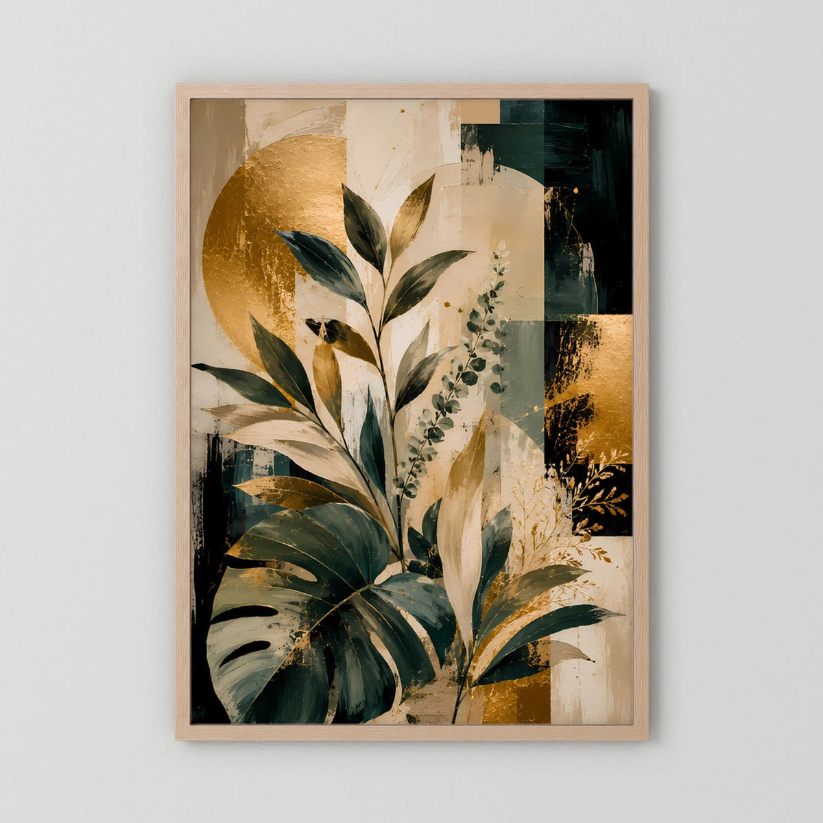 Kunstposter mit Monstera-Blättern, abstrakt in Gold und Grün, heller Holzrahmen