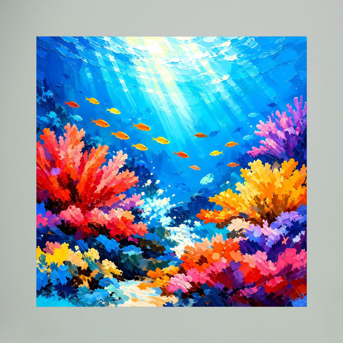 Nahes, quadratisches Unterwasser-Wandbild mit bunten Korallen und Fischschwarm