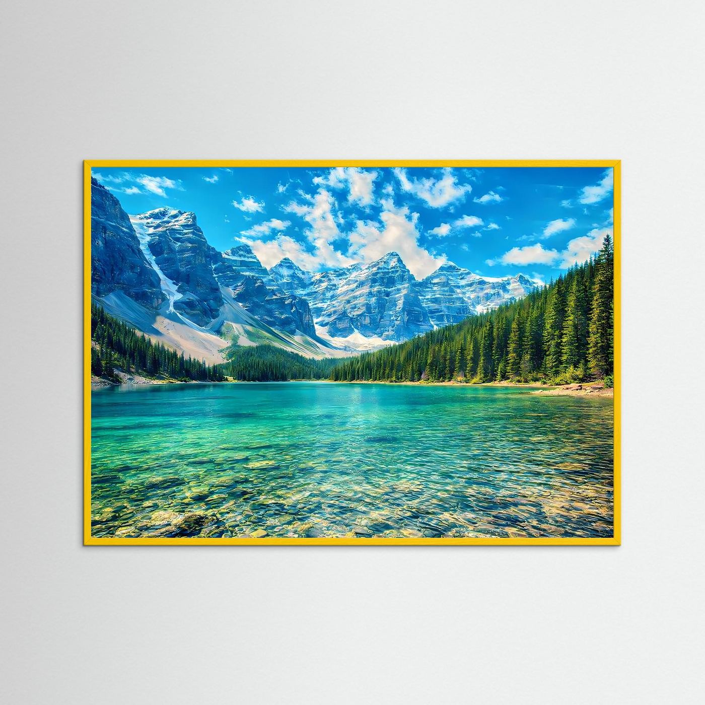 Wandposter mit türkisblauem Bergsee-Motiv, gelber Holzrahmen, Querformat.