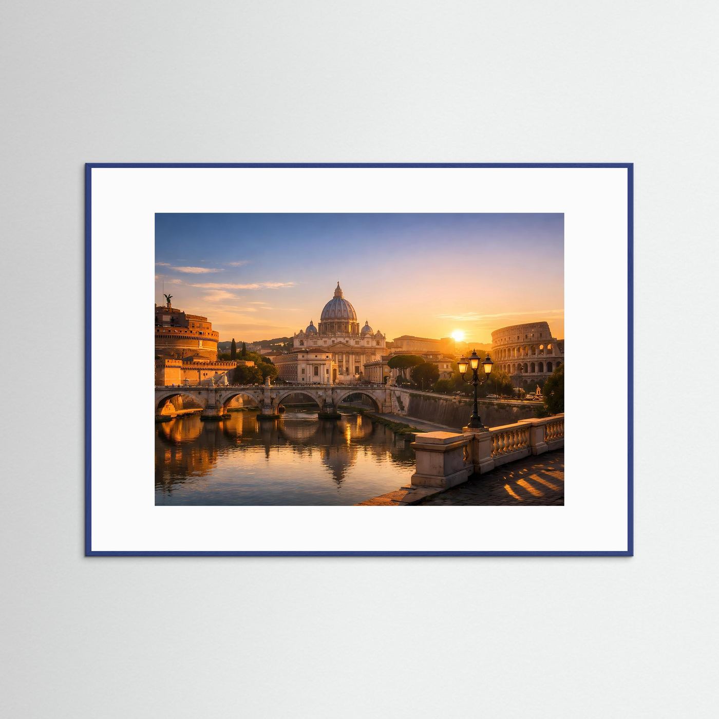 Architekturposter querformat mit Petersdom und Kolosseum bei Sonnenuntergang, blau gerahmt