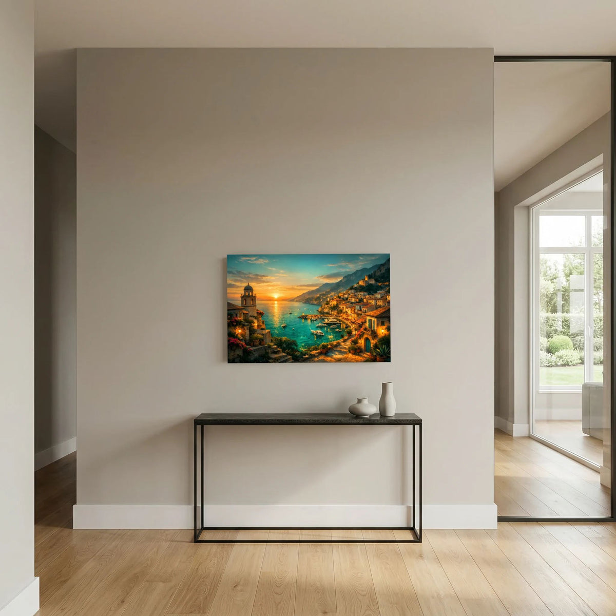 Querformatiges Wandbild mit Sonnenuntergang, Meer und mediterranen Häusern entlang der Bucht