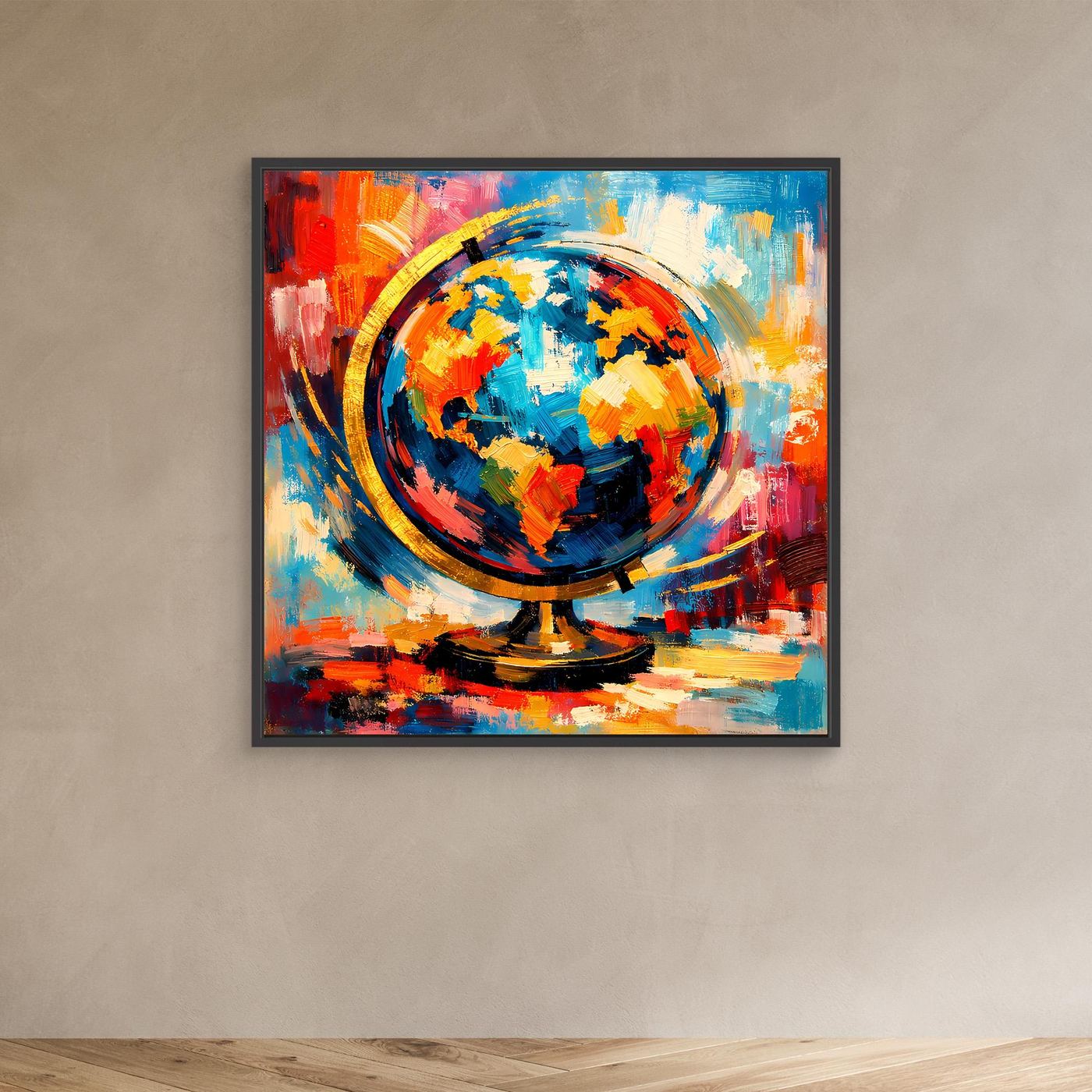Leinwandbild mit abstraktem Globus und Weltkarte, bunte Pinselstruktur, schwarzer Rahmen