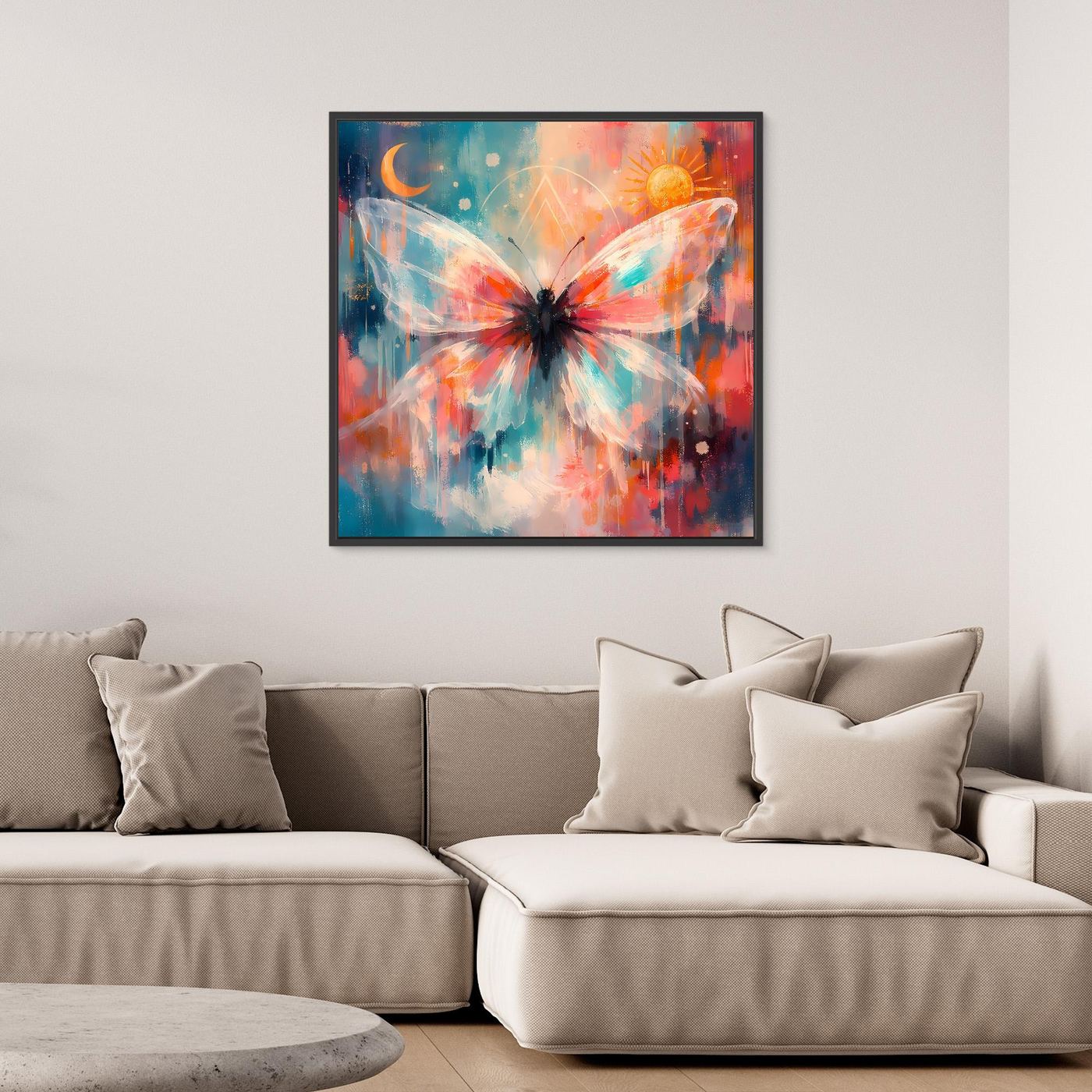 Leinwand-Wandbild mit kosmischem Schmetterling, Sonne und Mond, mit schwarzem Rahmen