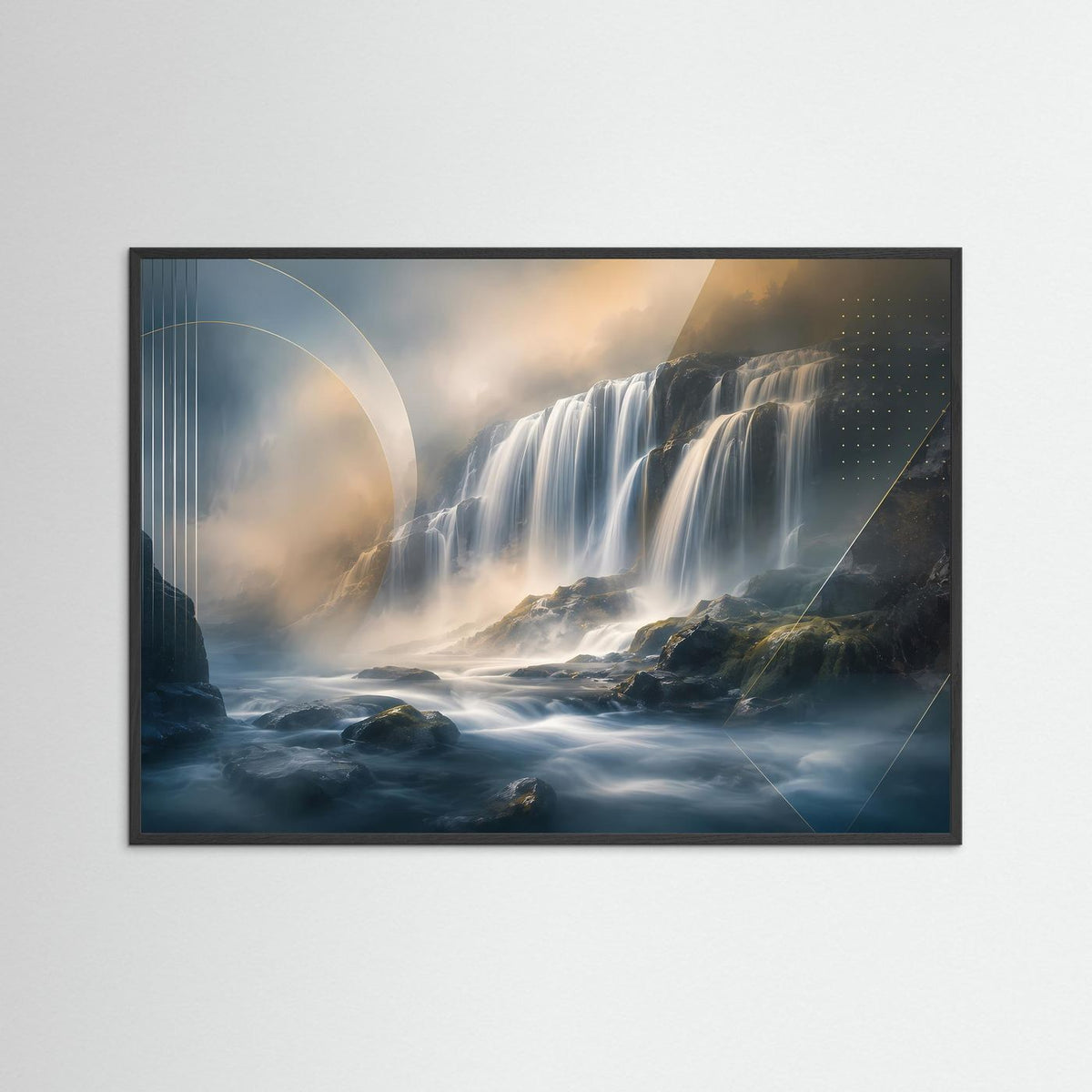 Querformat-Poster mit Wasserfall in Blau und Gold, im schwarzen Holzrahmen