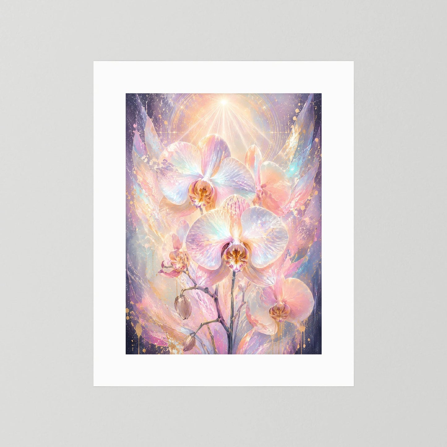 Poster im Hochformat mit Pastell-Orchideen, weißer Rand ohne sichtbaren Rahmen