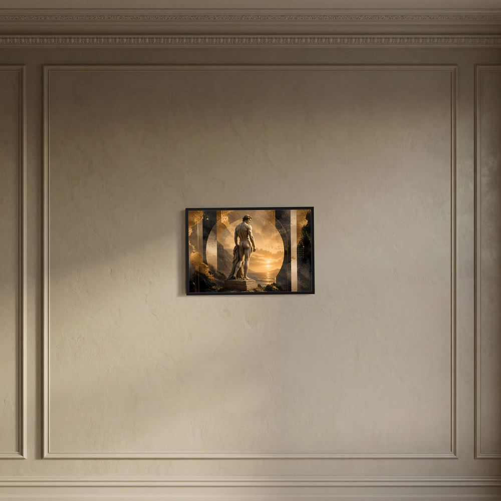 Wanddeko-Poster mit antiker Männerstatue, Gold und Schwarz, kleines Motiv, schwarzer Rahmen