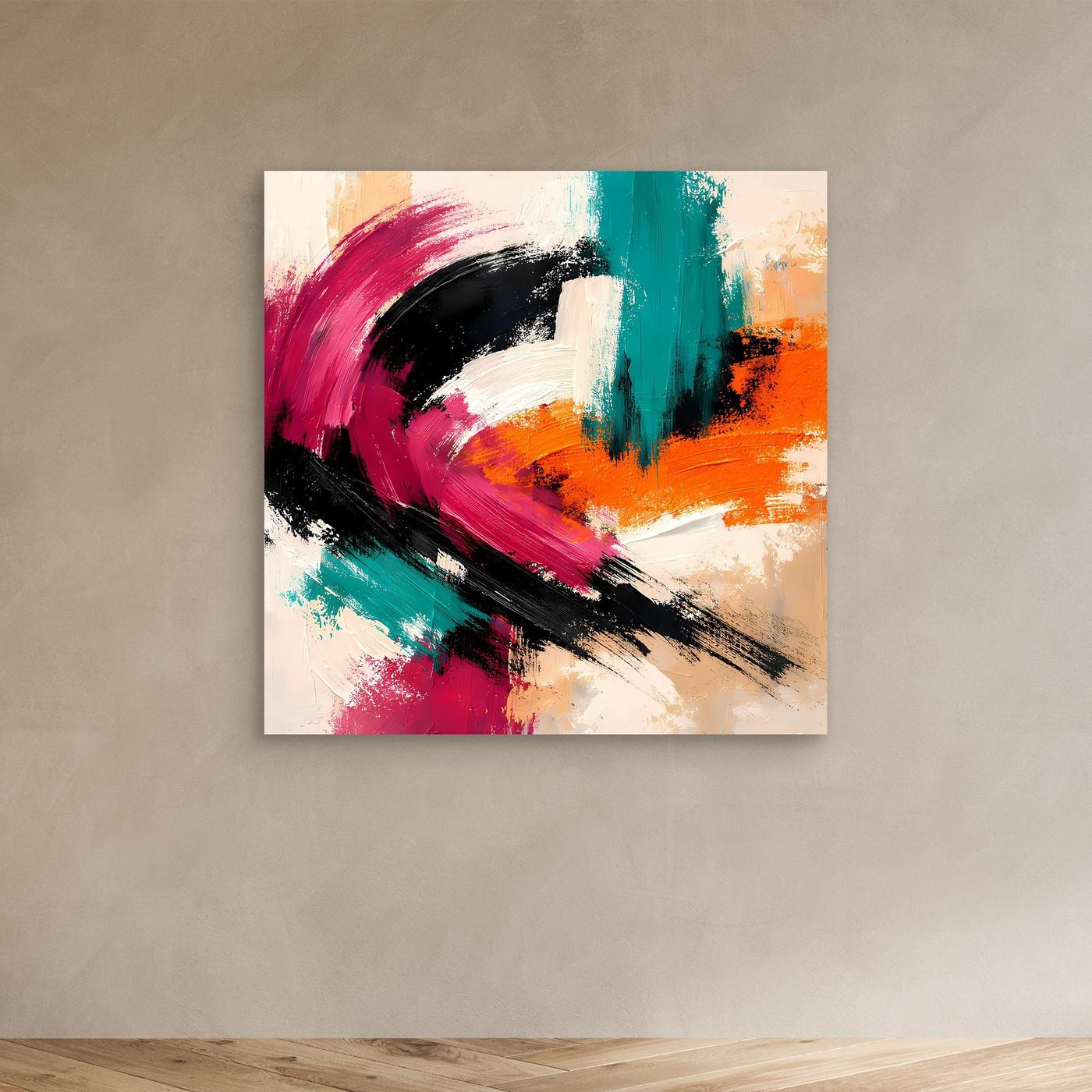 Abstraktes Wandbild auf Leinwand mit kräftigen Strichen in Pink, Türkis, Orange und Schwarz.