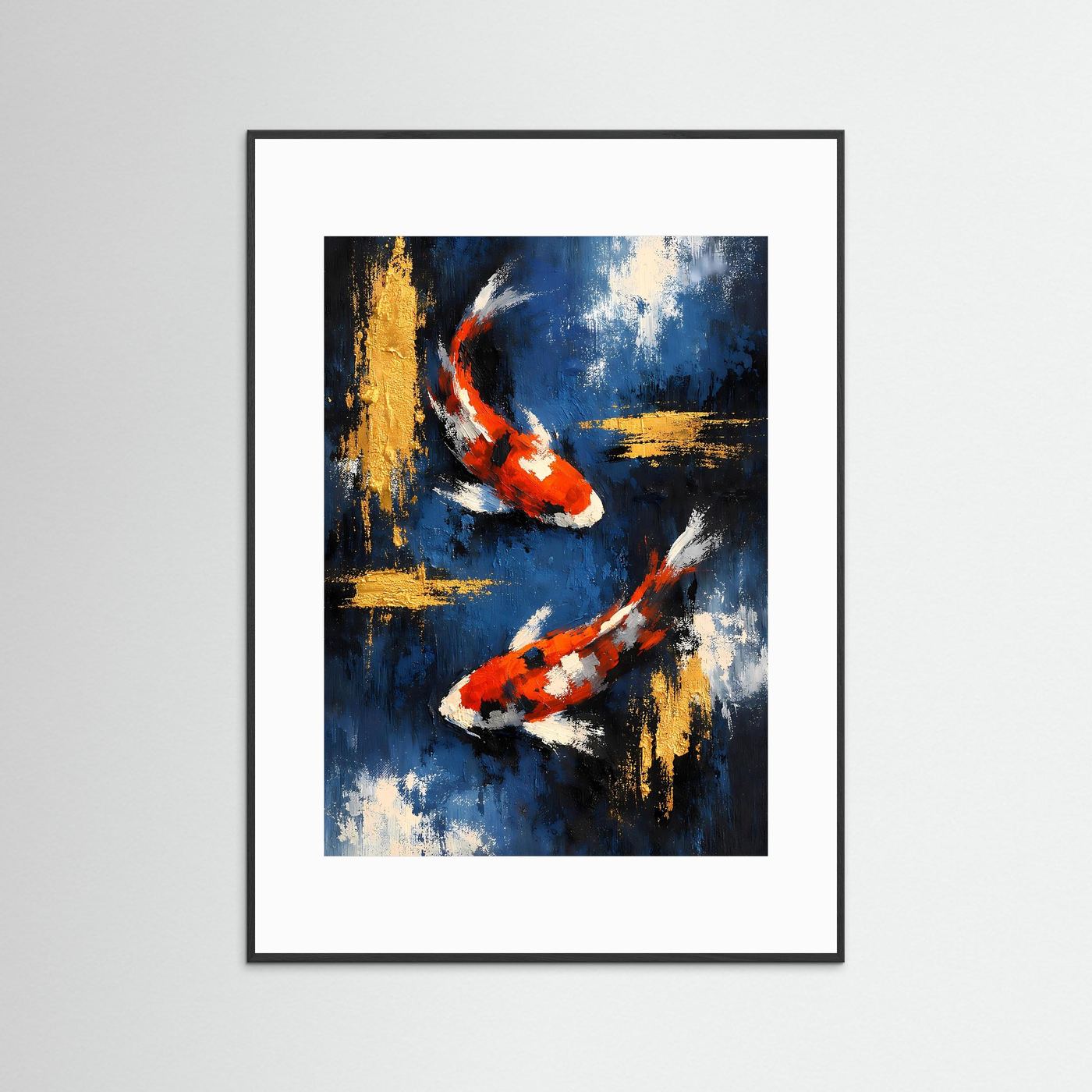 Koi-Kunstposter mit weißem Rand und schwarzem Rahmen: tiefblau, orange-weiße Fische