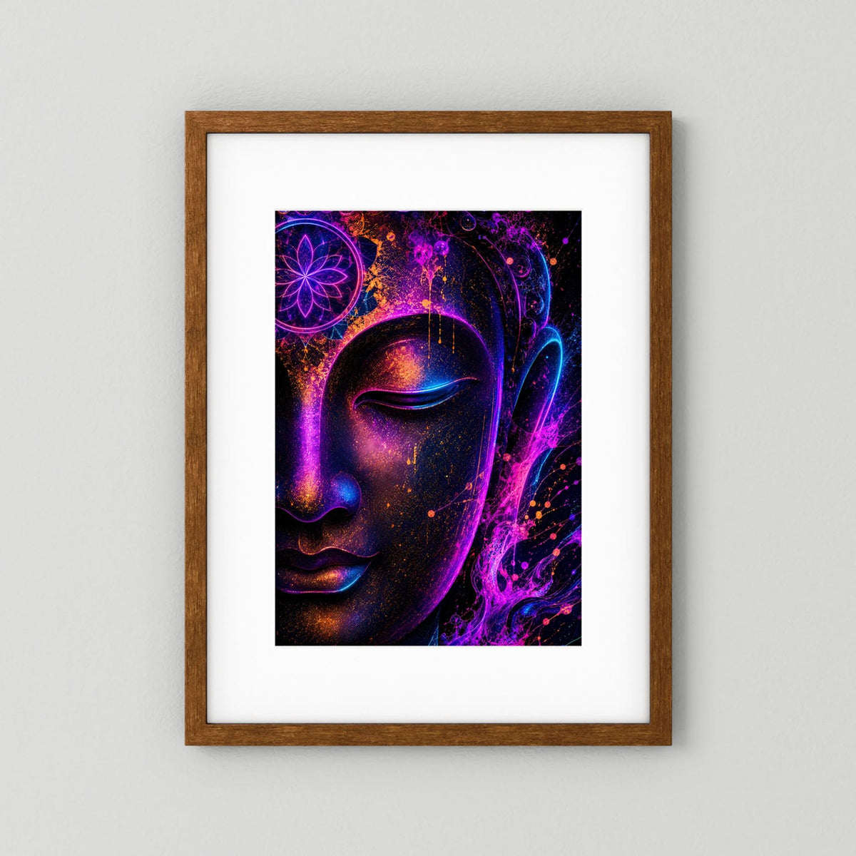 Neon-Buddha-Poster mit braunem Holzrahmen und weißem Rand, Buddha in Neonfarben