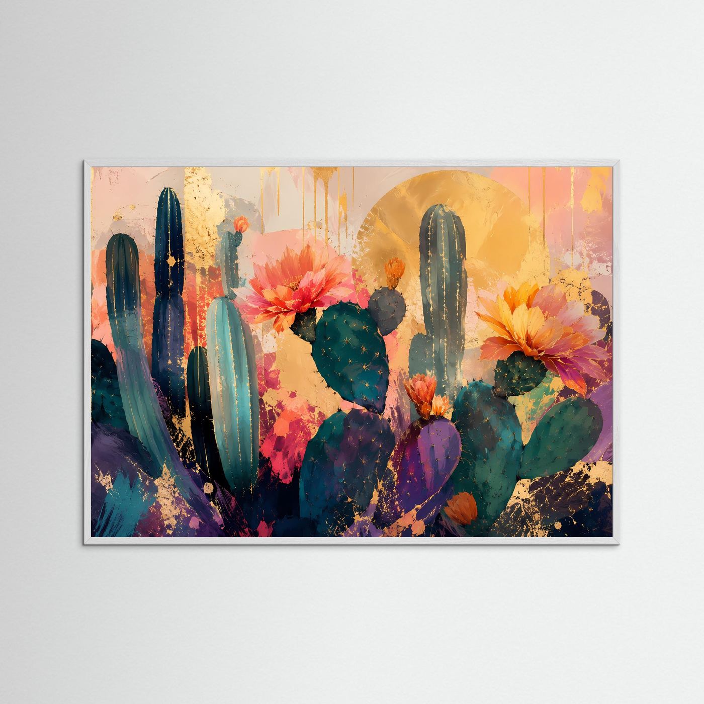 Blühende Wüste | Abstraktes Kaktus & Blumen Poster mit Gold- und Pastell-Akzenten