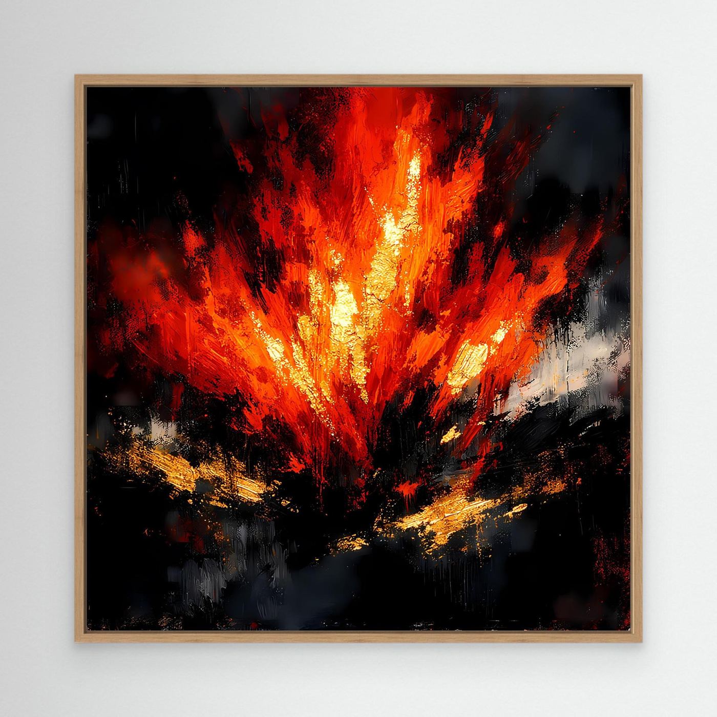 Abstraktes Leinwand-Wandbild mit Feueroptik in Rot und Orange im hellen Eichenrahmen