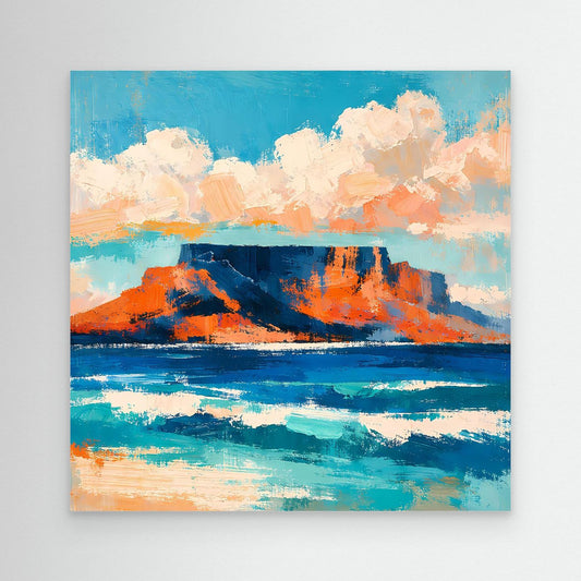 Abstraktes Leinwand-Wandbild mit türkisblauem Himmel, orangefarbenen Felsen und Meerblau