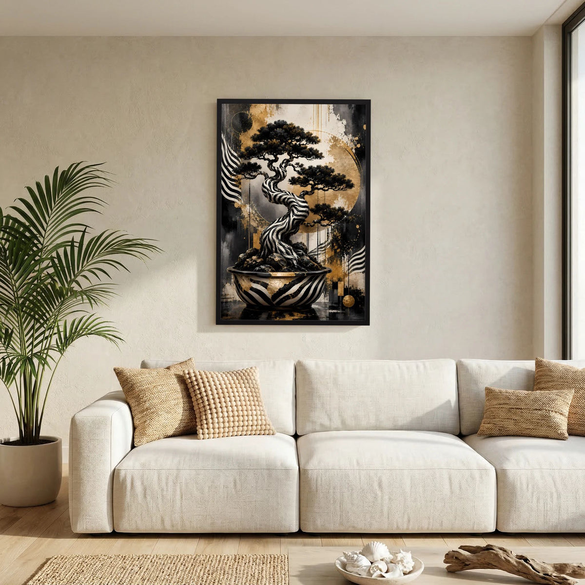 Zebra Bonsai | Abstrakter Baum in Schwarz Weiß Gold | Poster Hochformat