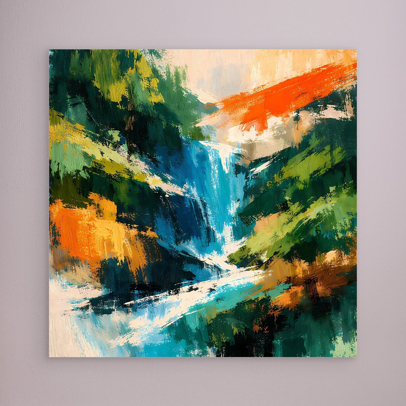 Abstraktes Leinwand-Wandbild mit Wasserfall-Motiv, farbige Pinselstruktur, ohne Rahmen