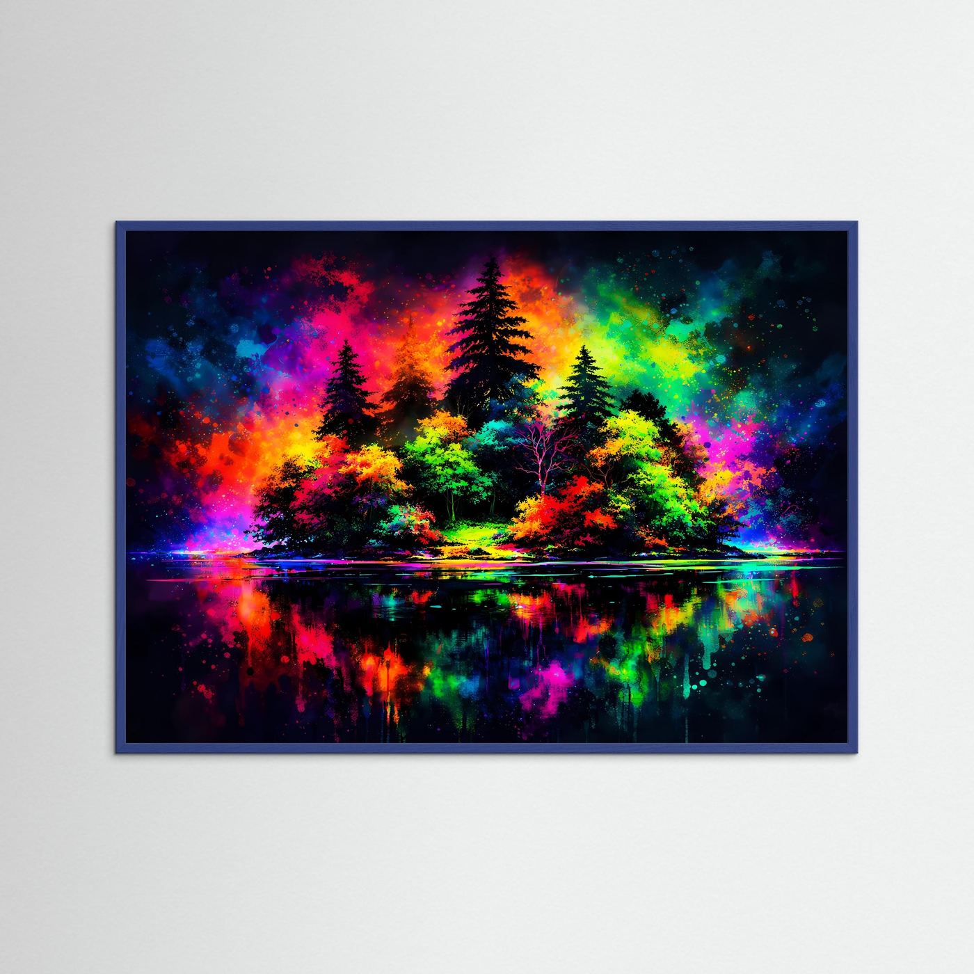 Gerahmtes Neon-Landschafts-Poster mit farbigen Tannen und spiegelndem Wasser, querformat