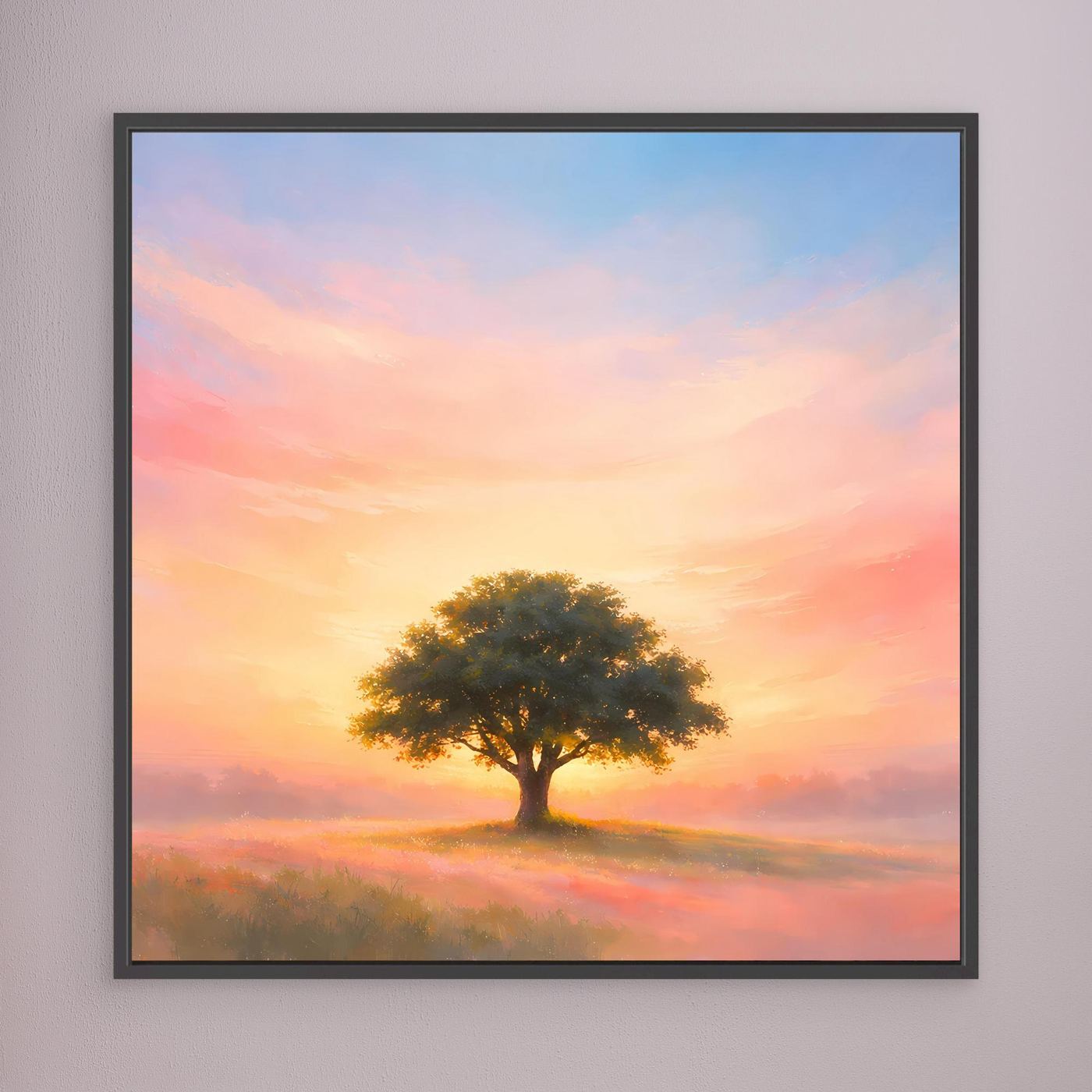 Wandbild mit schwarzem Rahmen: einsamer Baum im Pastell-Sonnenaufgang